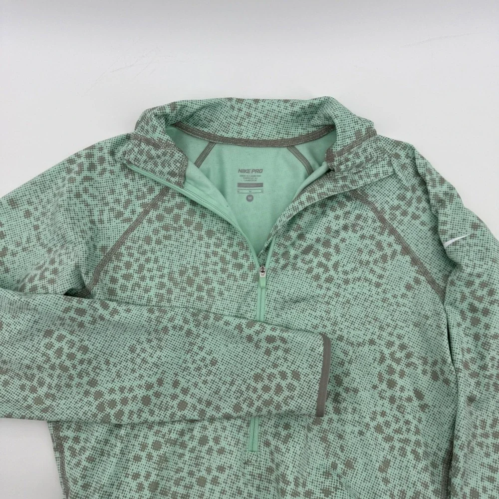 Nike‎ Pro Womens Mint Green Geometric Dot Quarter Zip Pullover Thumbholes Size M